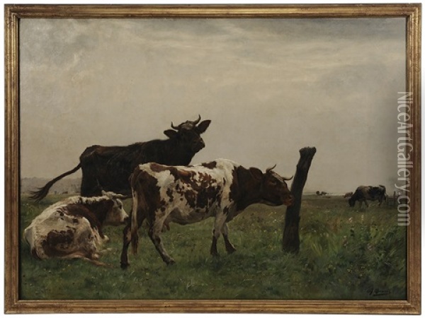 Cows In A Pastoral Landscape Oil Painting - Adolphe Charles Marais