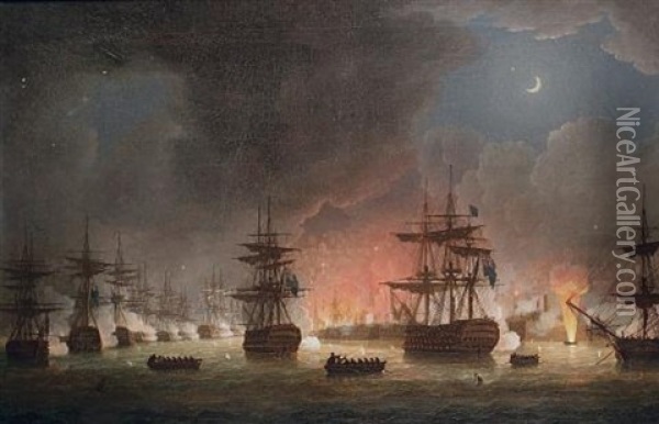 Lord Exmouth's Attack On Algiers By Night, 27th. August 1816 Oil Painting - Thomas Buttersworth