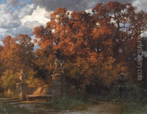 Herbstliche Parkpartie Oil Painting - Traugott Hermann Ruedisuehli