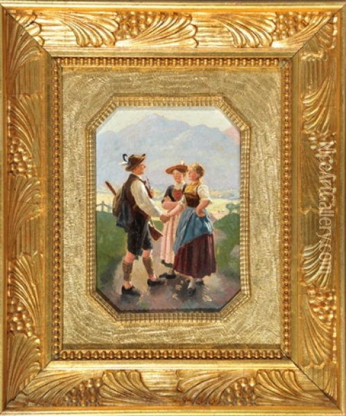 Jager Mit Zwei Damen In Tracht Auf Weg Oil Painting - Emil Rau