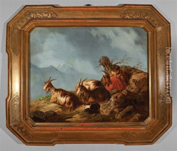 Shepherd And Goats Resting And Cattle And Goats (2 Works) Oil Painting - Giuseppe Lanfranchi