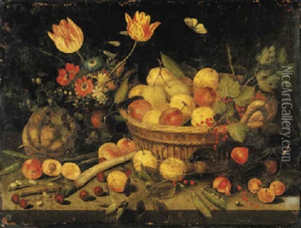 Plums And Redcurrants In A Basket, Tulips, Poppies And Other Flowers In A Vase, With A Gourd, Peas, A Parsnip And Other Fruit On A Stone Ledge Oil Painting - Pieter Binoit