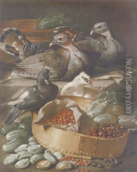 Turkeys And Pigeons With Cherries, Wild Strawberries And Squash In A Basket, With Almonds, Gherkins And Other Vegetables Oil Painting - Jacob van der Kerckhoven