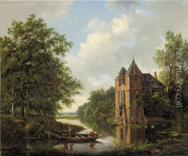 A River Landscape With Anglers In A Rowing Boat By A Ruined Mansion Oil Painting - Frans Arnold Breuhaus de Groot