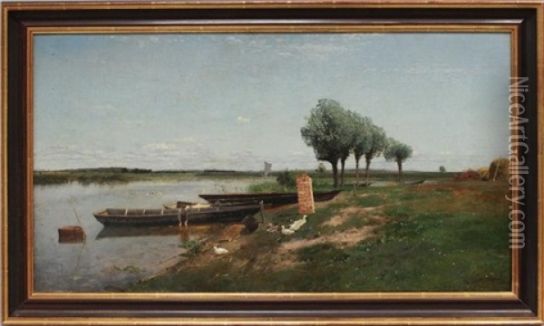 Sommerlicher Flusslauf In Den Masuren (?) Mit Fischer An Seinen Booten Und Entenschar Oil Painting - Paul Vorgang