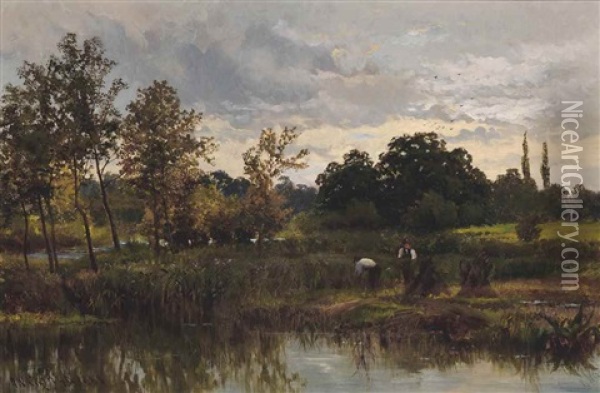 Lake At Chilworth Park Surrey; And The Reed Harvest, Chilworth (pair) Oil Painting - Walter Wallor Caffyn