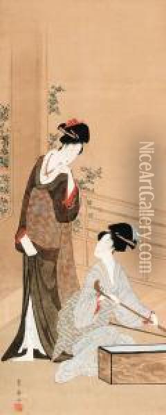 Two Geisha Preparing For A Concert Oil Painting - Utagawa Toyohiro