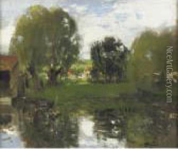 Village Au Bord De L'etang Oil Painting - Pierre Eugene Montezin