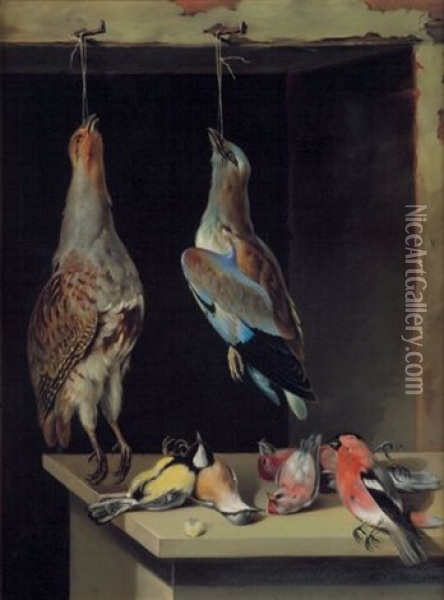 Jagdstilleben Mit Rebhuhn, Eichelhaher Und Anderen Singvogeln Oil Painting - Lambert Van Bokkelen