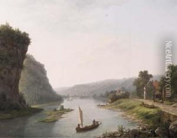 Fishing Boats On A River By A Village Oil Painting - Eugene Vermeulen