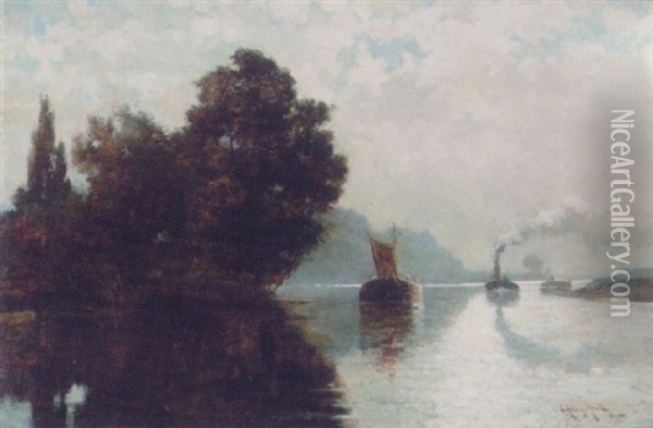 Barges On A River Oil Painting - Edmund Aubrey Hunt