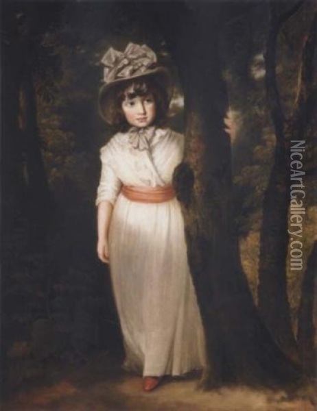 Portrait Of Miss Harriet Ann Seale As Bo-peep Standing In A Wooded Landscape, Wearing A White Dress And A Pink Sash With A Grey Bonnet Oil Painting - Sir John Hoppner