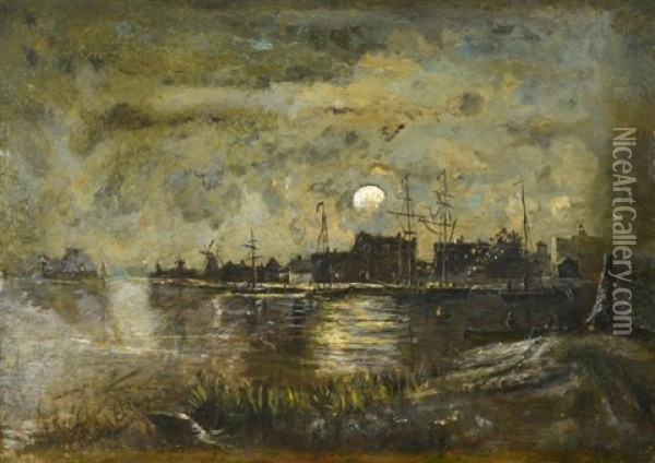 Clair De Lune Sur Un Canal, Hollande Oil Painting - Johan Barthold Jongkind