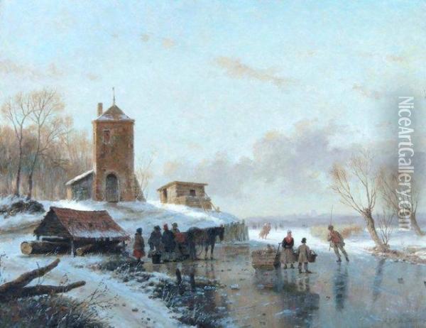 Dutch Figures Skating On A Frozen Lake Oil Painting - A. J. F. De Groote