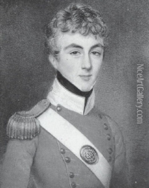 A Young Officer Wearing The Uniform Of The 40th Foot, Scarlet Coat With White Collar, Gold Buttons And Epaulette, White Sword Belt And Black Stock Oil Painting - Charles Ford