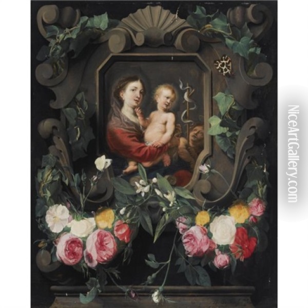 The Virgin And Child With The Infant Saint John, In A Stone Cartouche, Decorated With A Garland Of Roses, Snowdrops And Ivy, Together With Two Butterflies Oil Painting - Daniel Seghers