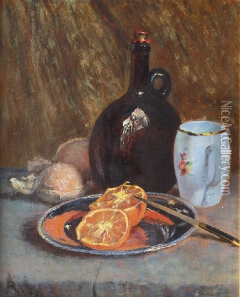 Still Life With Oranges And Wine Bottle Oil Painting - Emma (Helfrid Charlotta) Toll