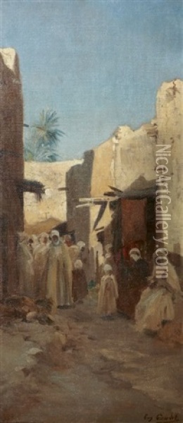 Foule Dans Une Ruelle En Algerie, Liveliness In An Algiers Street Oil Painting - Eugene Alexis Girardet