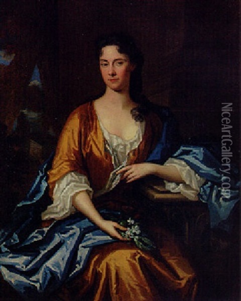 Portrait Of A Lady In A Gold Dress And Bleu Wrap Oil Painting - Charles d' Agar