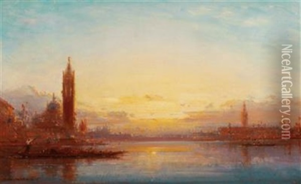 Venetian Scene At Sunset Oil Painting - Henri Duvieux