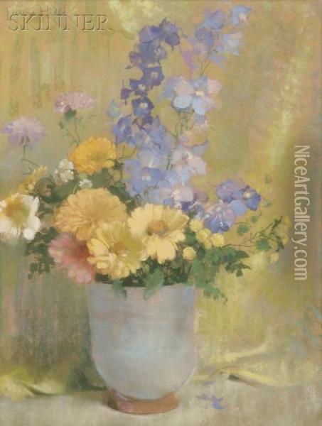 Yellow Zinnias And Larkspur Oil Painting - Laura Coombs Hills