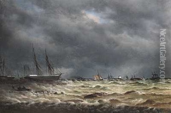 Marine Med Skibe Pa Bedding, Uvejrshimmel Oil Painting - Harald Frederick Foss