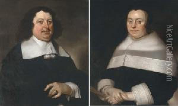 Portrait Of A Gentleman, 
Half-length, In A Back Coat; And Portrait Of A Lady, Half-length, In A 
Black Dress Holding A Fan Oil Painting - Jacob Fransz. Van Der Merck