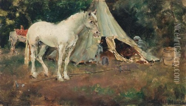 Horses At An Encampment Oil Painting - Harry Humphrey Moore