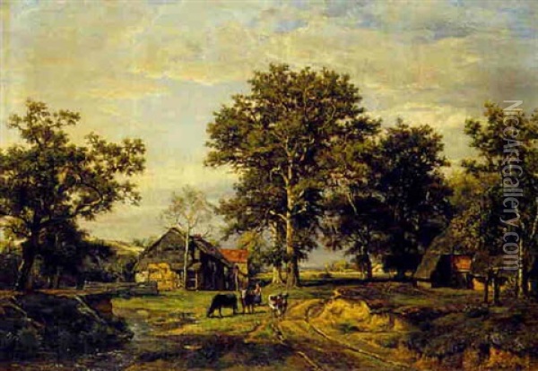 A Peasant Woman And Cows Near A Farm Oil Painting - Theodore Fourmois