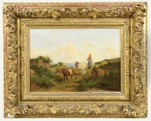 La Bergere Et Son Troupeau Oil Painting - Clement (Charles-Henri) Quinton