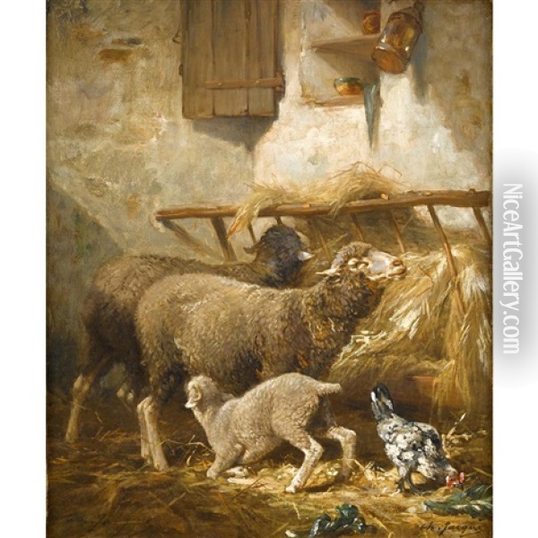 Sheep In A Stable Oil Painting - Charles Emile Jacque