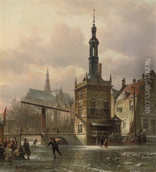 Skaters In Front Of The Accijnstoren Oil Painting - Elias Pieter van Bommel