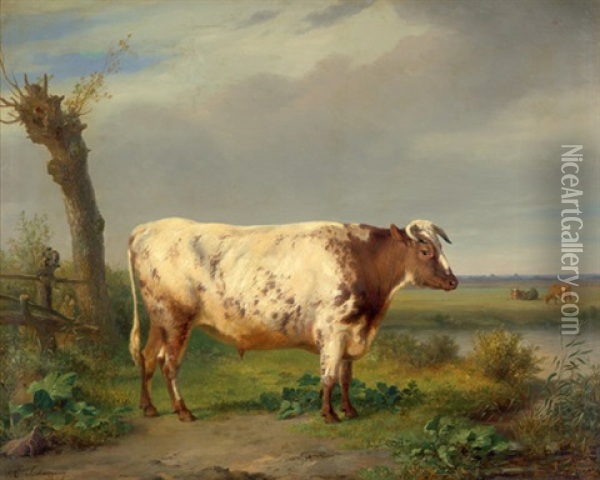 Polderlandschaft Mit Braun-weis Geflecktem Stier Oil Painting - Edmond Tschaggeny