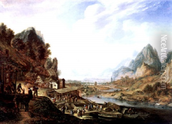 Gebirgige Flusslandschaft Mit Anlegenden Schiffen, Bauern Und Handlern Oil Painting - Herman Saftleven