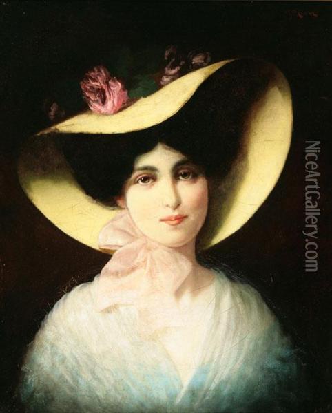 Portrait Of A Woman In A Hat Oil Painting - Carducious Plantagenet Ream