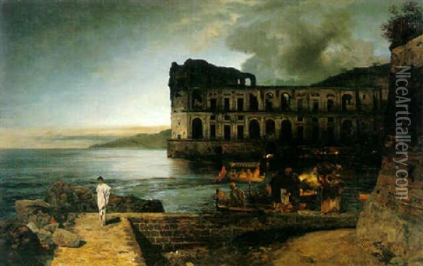 Der Palazzo Donn'anna Am Golf Von Neapel Oil Painting - Oswald Achenbach