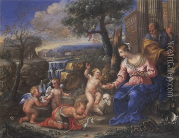 Sacra Famiglia Con San Giovannino E Angioletti Nei Pressi Di Una Cascata Oil Painting - Hendrik van Balen the Elder