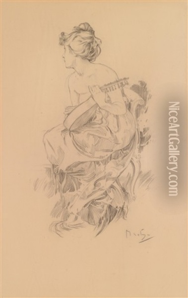 Madchen Mit Laute Oil Painting - Alphonse Mucha