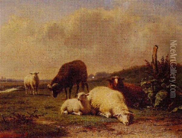 Sheep In A Landscape Oil Painting - Frans Lebret