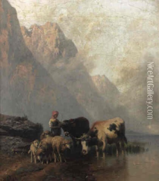 Kuhe Und Schafe Im Uferwasser Eines Alpensees Oil Painting - Christian Friedrich Mali