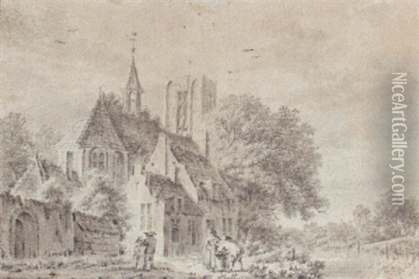 Figures By A Church, With A Stream To The Right Oil Painting - Pieter Jan van Liender