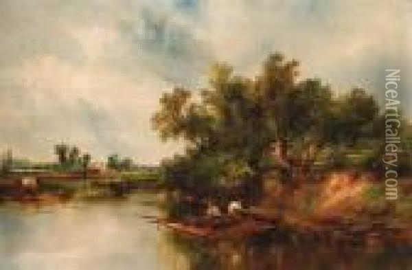 Anglers On A Barge In A River Landscape Oil Painting - John Kenneth Green