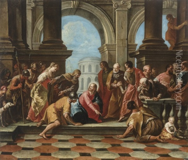 Jesus And The Woman Taken In Adultery Oil Painting - Francesco Battaglioli