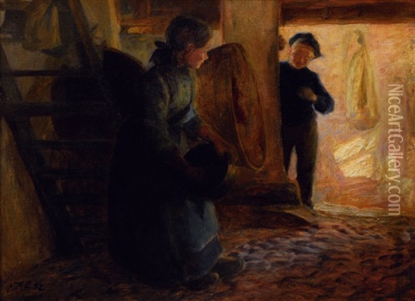 Chatting Children Oil Painting - Knud Erik Larsen