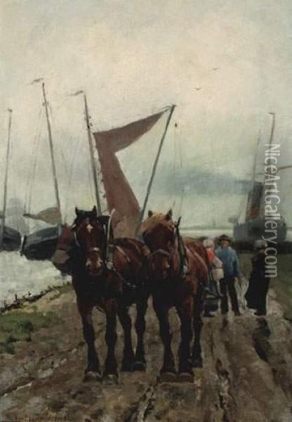 Trekpaarden Aan De Waterkant (1882)
Panneau Oil Painting - Frans Van Leemputten