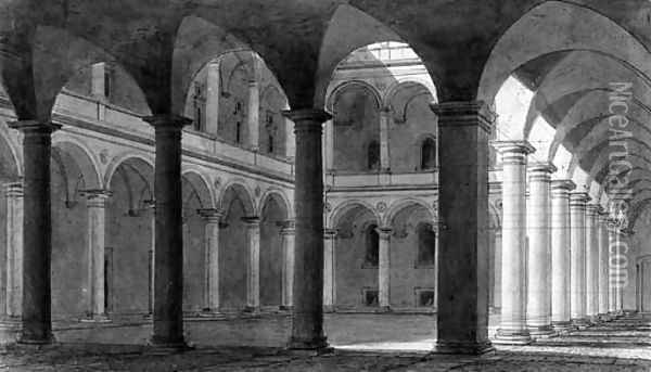 The Interior of a Courtyard of the Palazzo della Cancelleria, Rome Oil Painting - Charles Percier