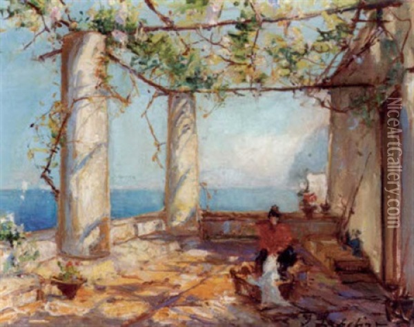 Terrace On The Italian Coast Oil Painting - Georgi Alexandrovich Lapchine