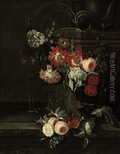 An Iris, Ornamental Poppies, Roses, Hollyhocks And Other Flowers Decorating A Classical Fountain Oil Painting - Pieter Casteels III