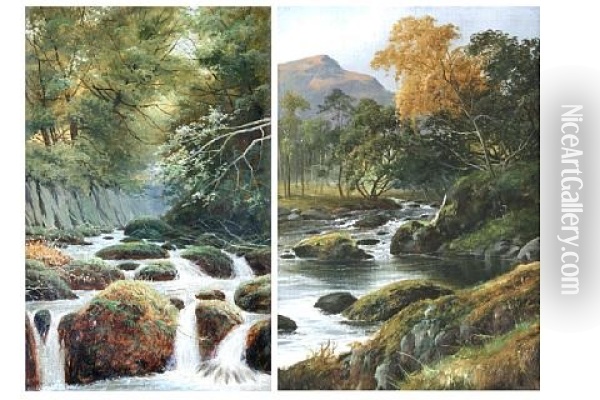 A River Landscape (+ Another; Pair) Oil Painting - William Henry Mander