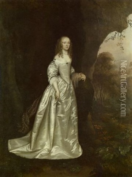 Portrait Of A Lady, Possibly Lady Anne Wentworth, In A White Dress And A Purple Mantle Oil Painting - Joan Carlisle